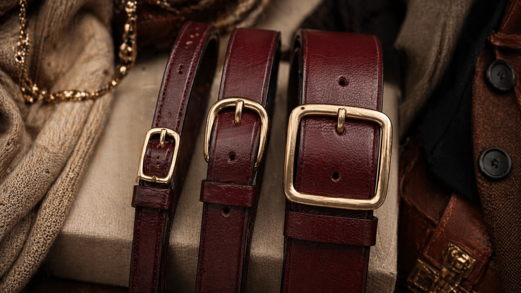Side-by-side comparison of slim, medium, and wide belts with different vintage-inspired buckle sizes