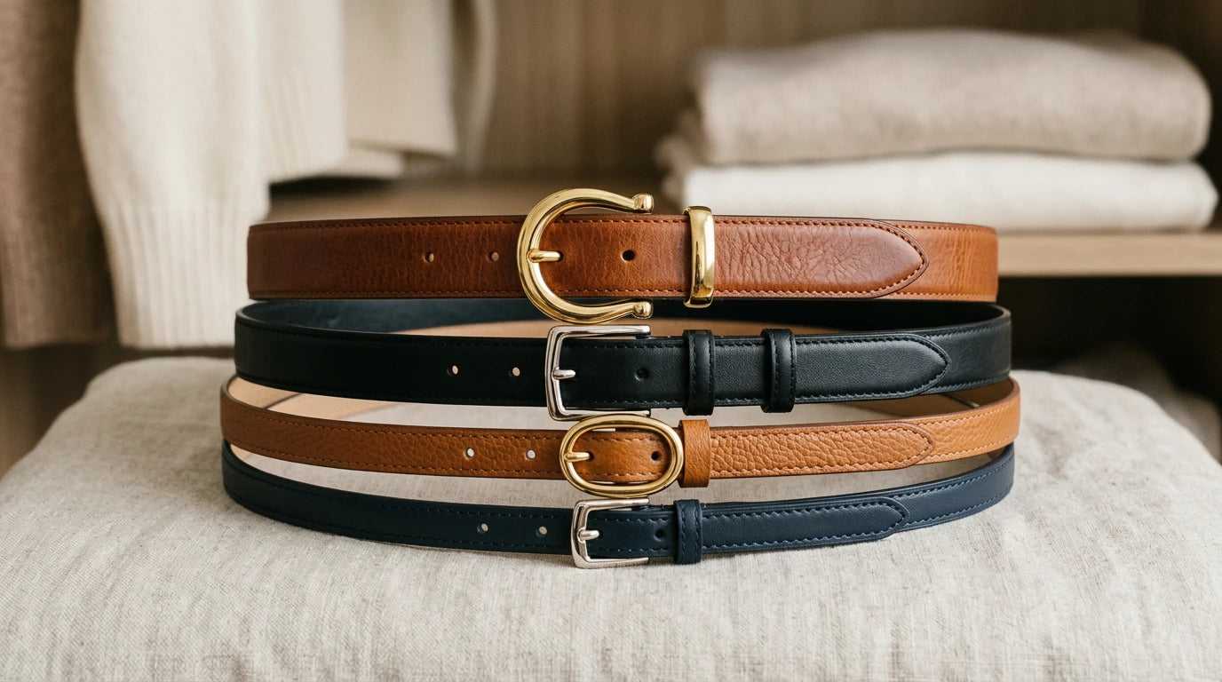 Close-up of women’s waist belt widths and buckle details