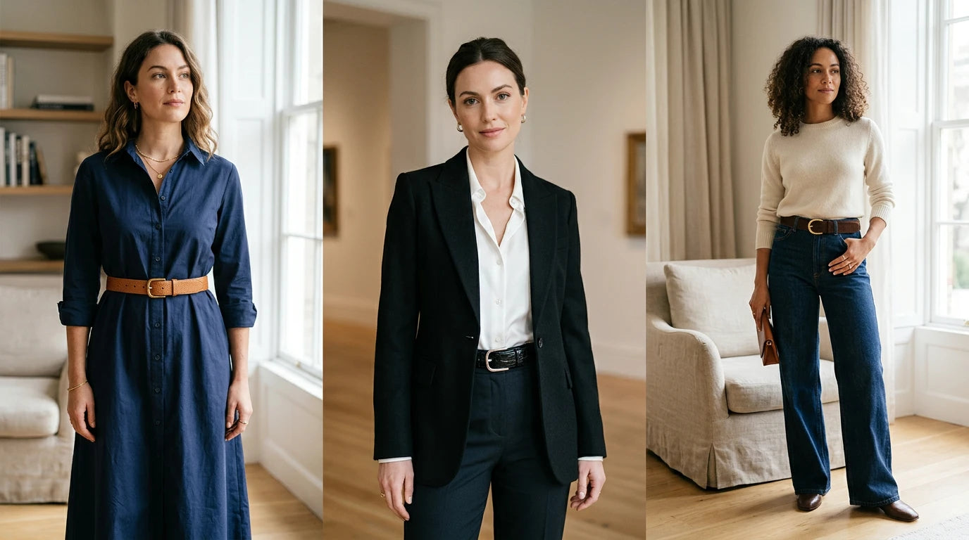 Comparison of women’s waist belt styling with dresses blazers and denim