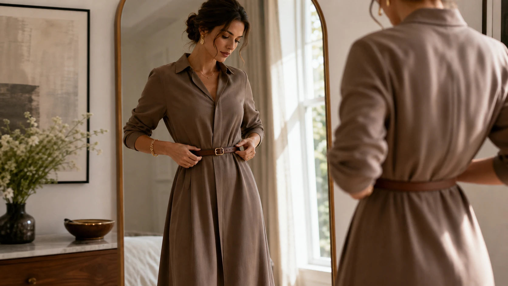 Woman checking waist placement of a slim belt over a midi dress in a mirror