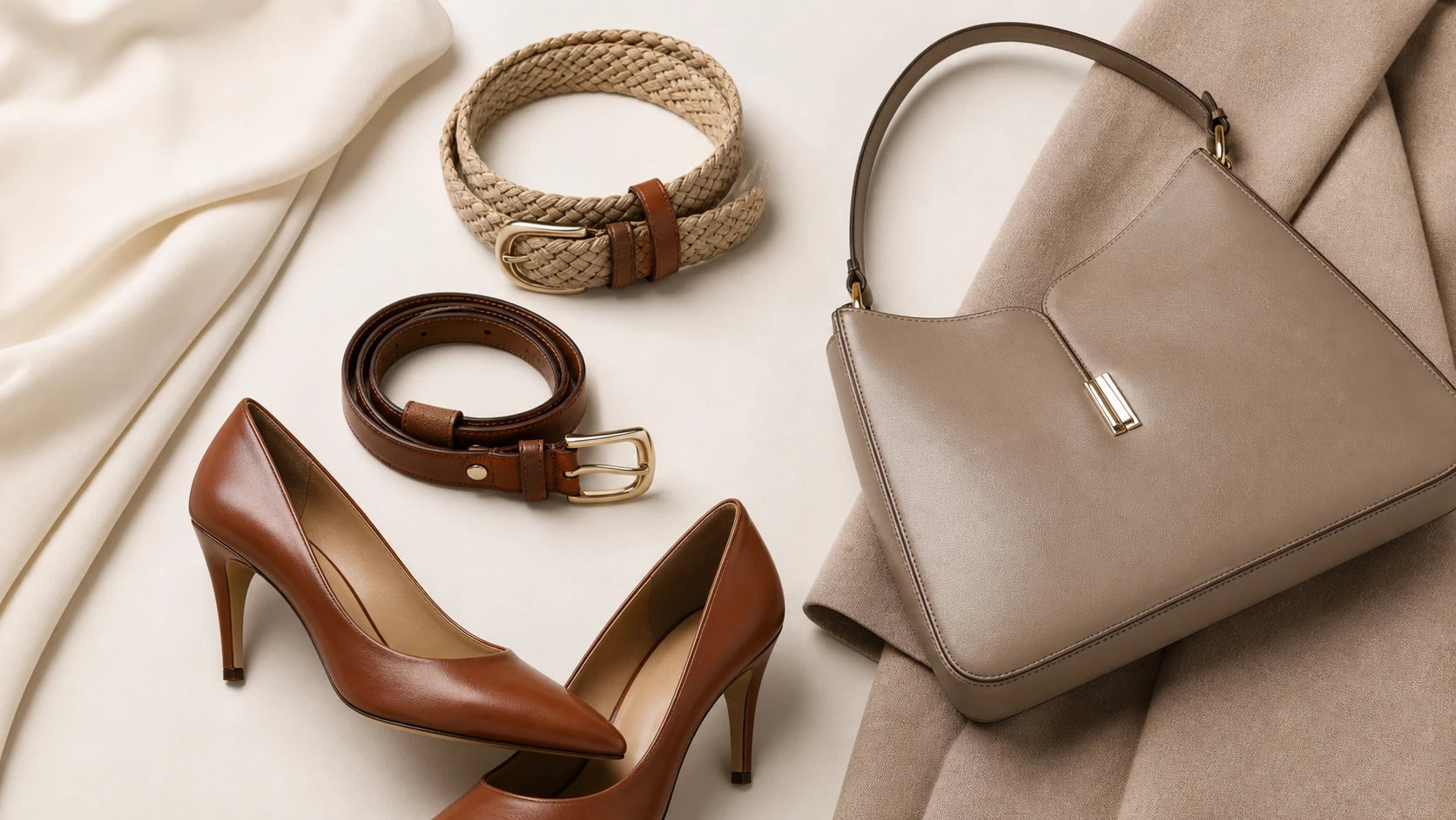 Flat lay of belts, shoes, and a bag showing how a cloth belt changes outfit compatibility