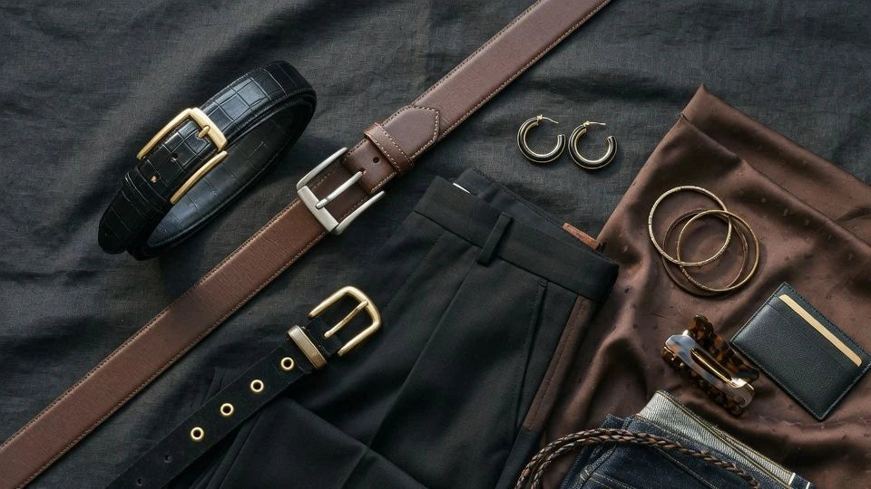 Black and brown women's belts arranged with denim, trousers, and dress pieces to show wardrobe pairing options