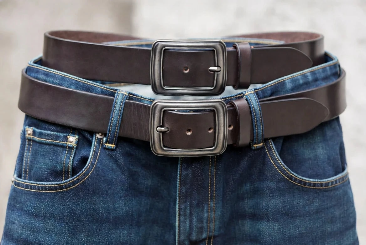 Comparison of a balanced western belt buckle and an oversized buckle on different outfits