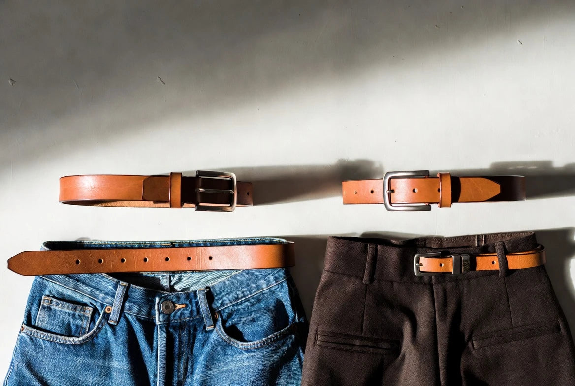 Western belt widths compared against denim and tailored trouser waistbands