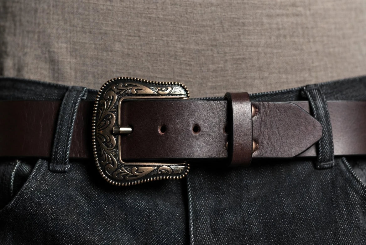Western belt buckle worn on denim with balanced scale and stable fit