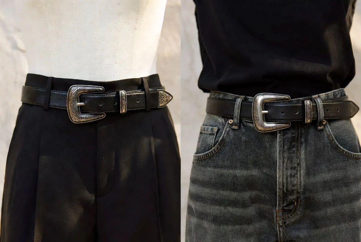 Western belt buckle comparison between denim styling and tailored trousers