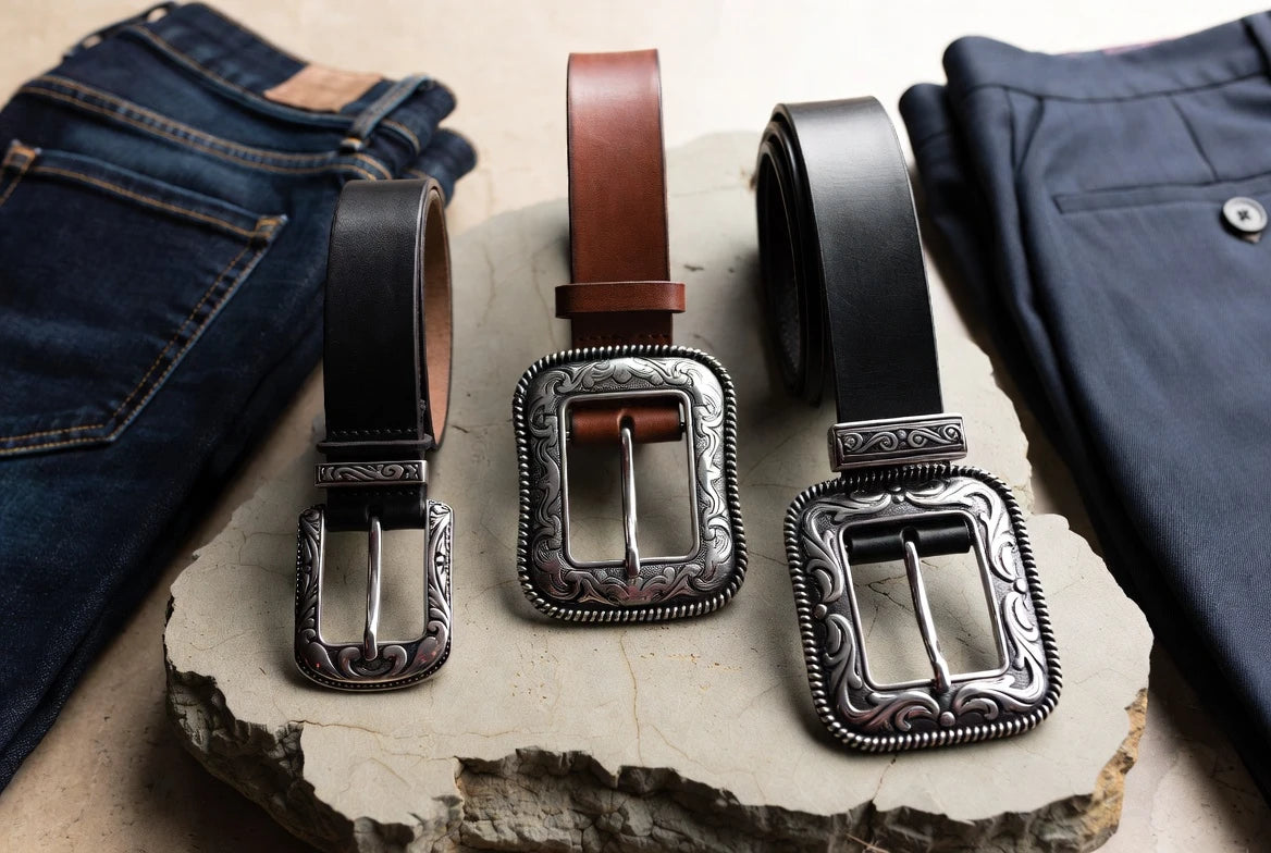 Comparison of western belt buckles on slim, medium, and wide leather belts