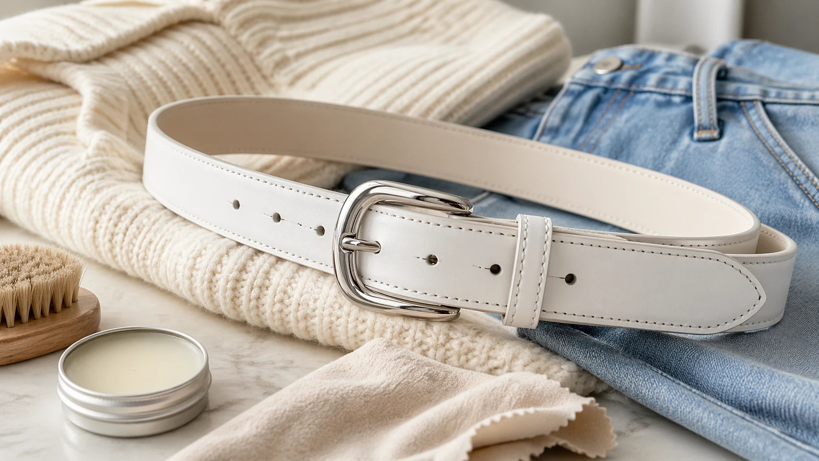 Close-up of a white leather belt showing smooth finish, buckle scale, and care-focused buying details