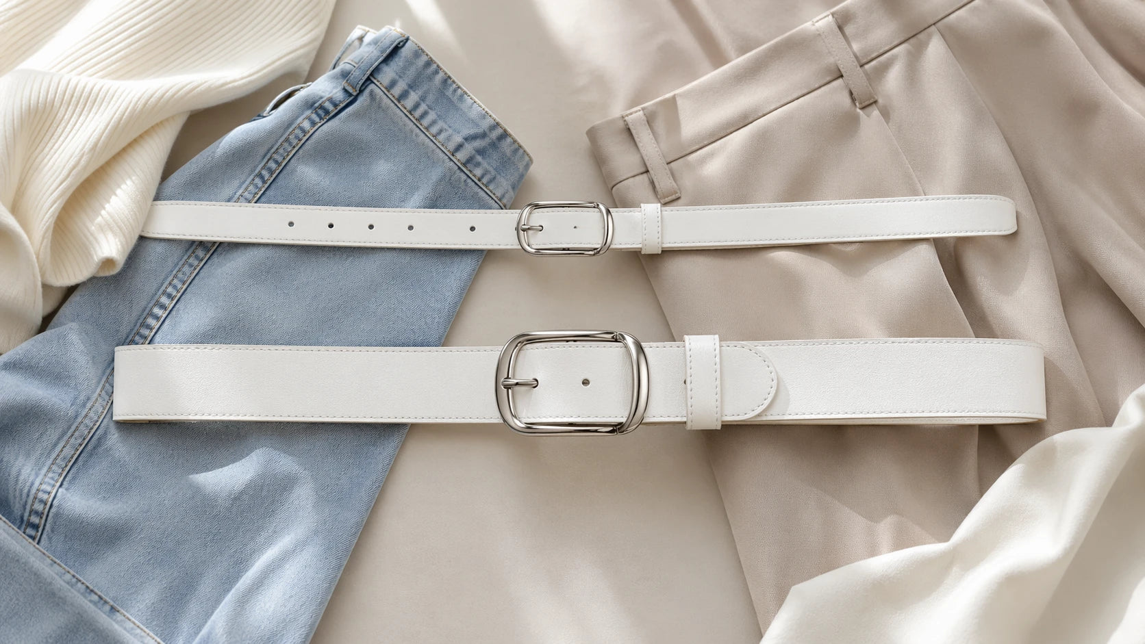 Slim and medium white belt widths compared on denim and tailored trousers