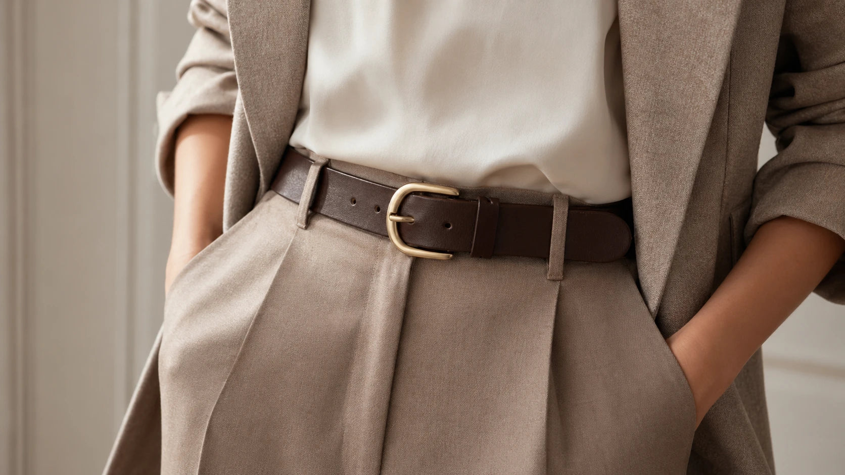 Close-up of a wide women's belt fitting cleanly through trouser loops with balanced buckle scale