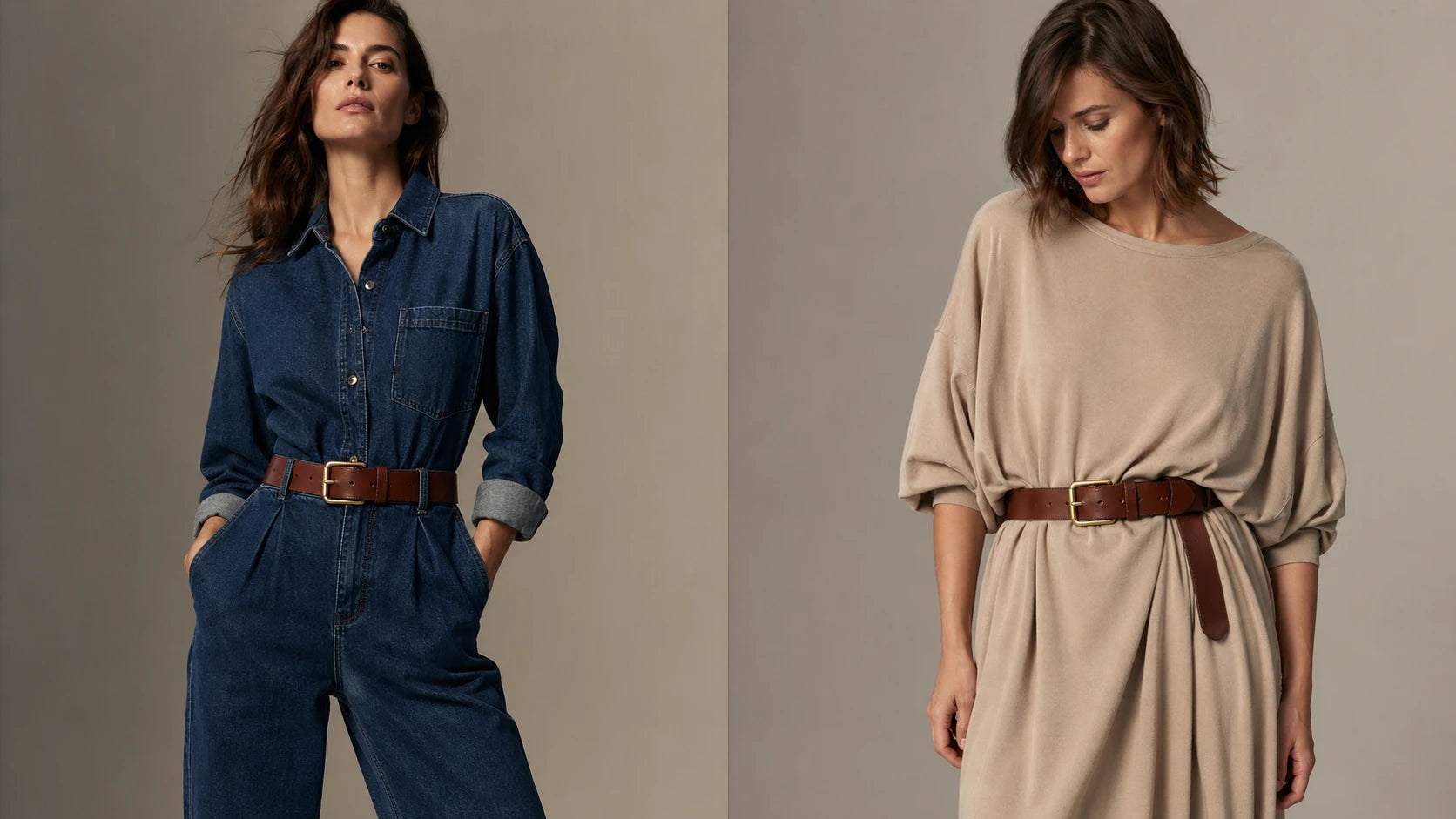 Side-by-side comparison of wide belt balance on structured and soft outfits