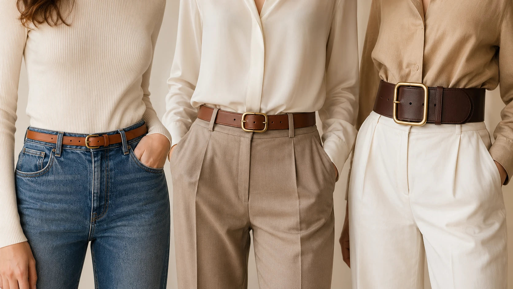 Comparison of slim, medium, and wide women's belts with jeans and trousers