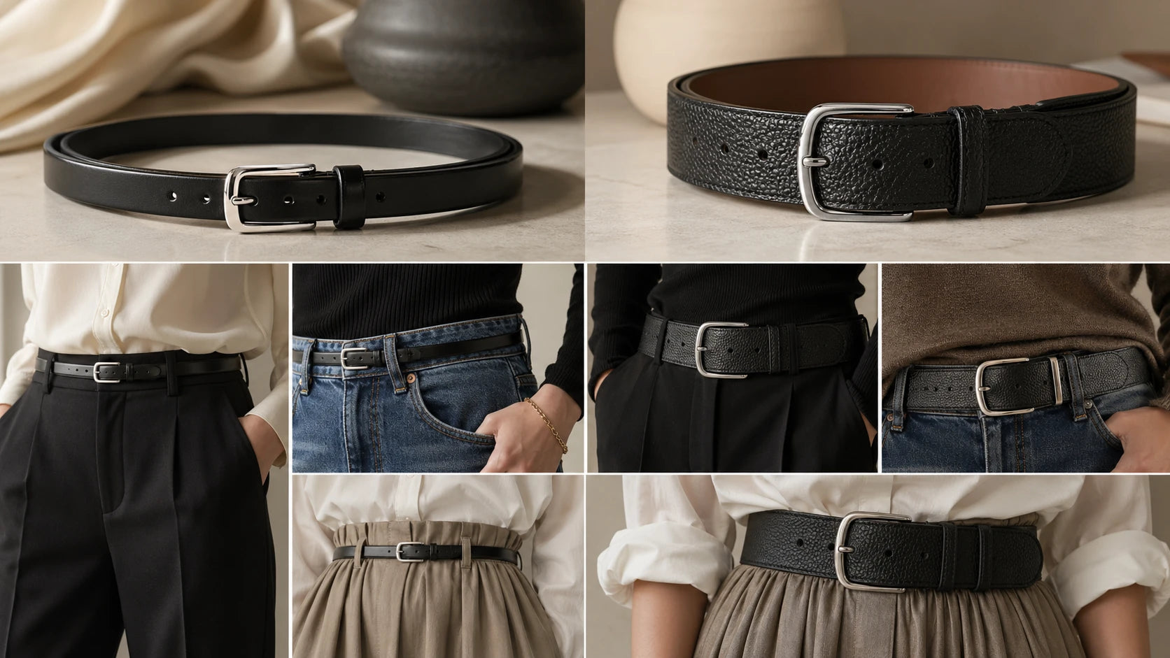 Slim smooth leather belt and wider textured leather belt compared for outfit use