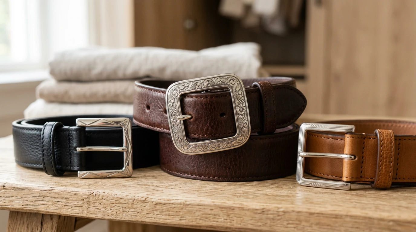 Close-up of women’s leather belt buckle finishes and hardware details