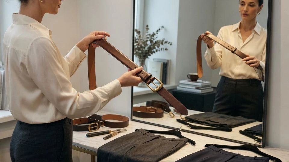 Woman checking belt tail length and middle-hole fit in front of a mirror