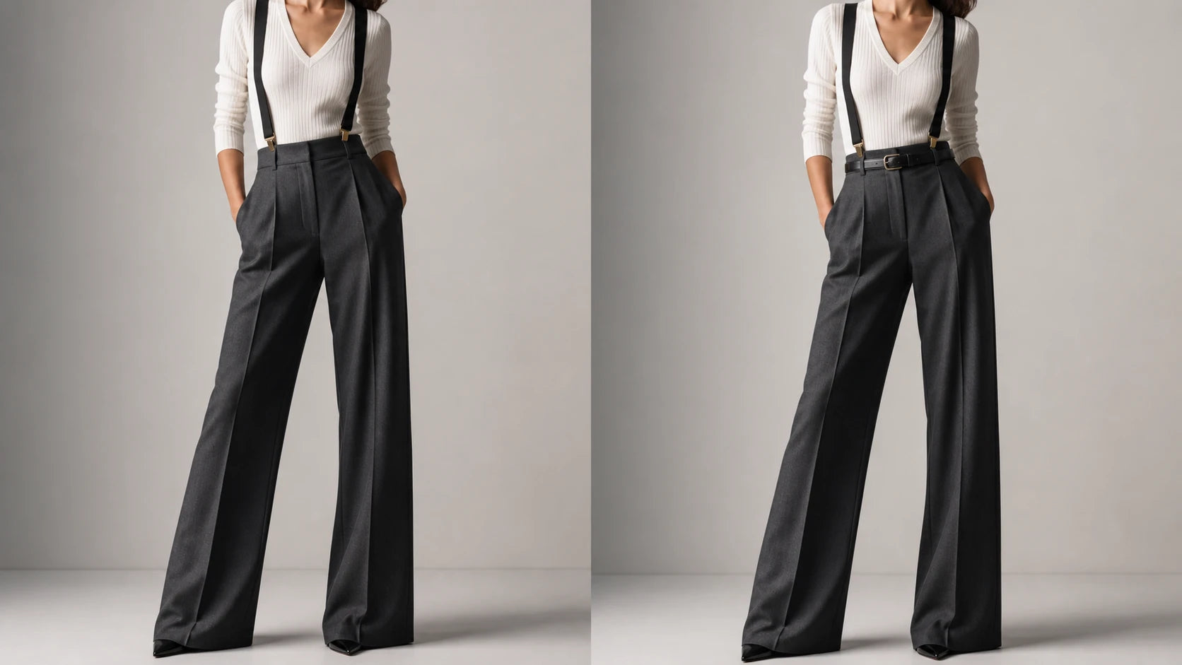 Comparison of women's tailored trousers with suspenders worn with and without a slim belt