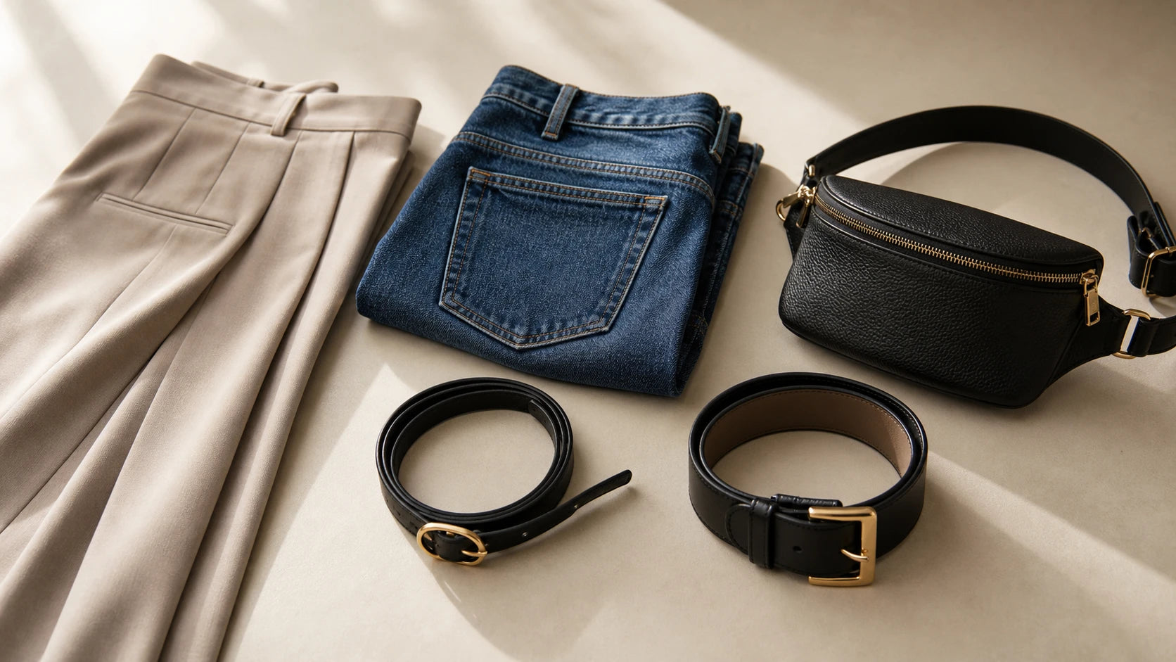 Flat lay of trousers, denim, leather belts, and a compact belt bag for decision making