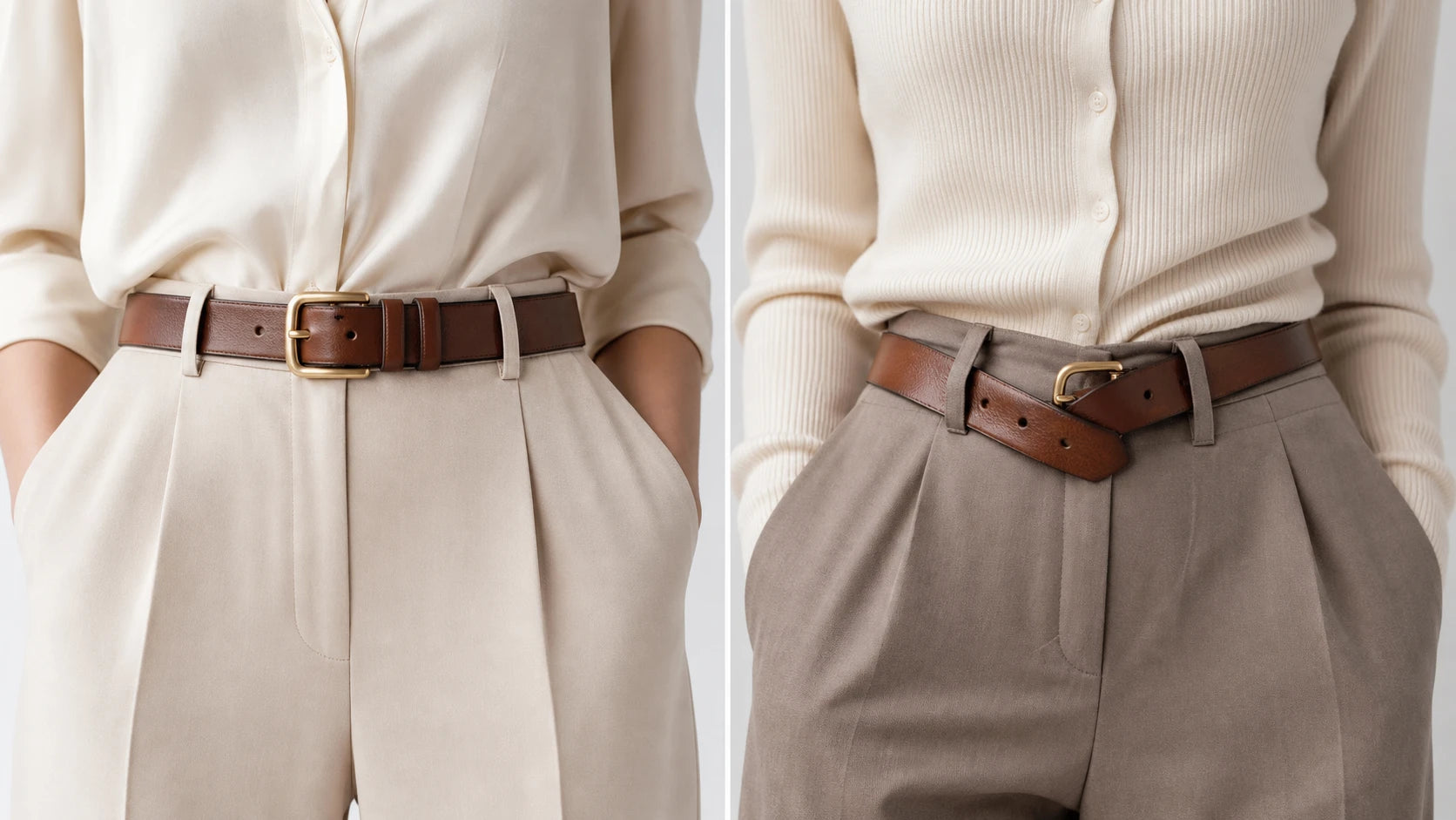 Comparison of a correctly aligned women's belt buckle setup and a misaligned setup