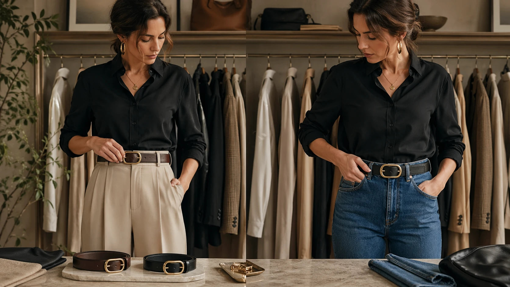 Woman comparing belt buckle fit and proportion with trousers and jeans
