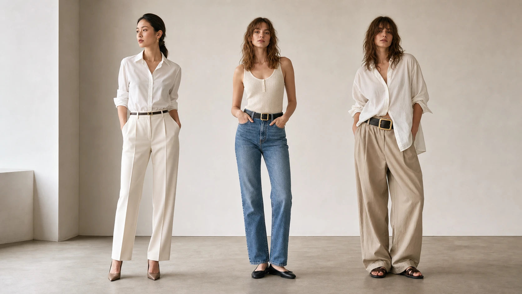 Three women's outfits showing how slim, medium, and statement belt buckles change outfit balance