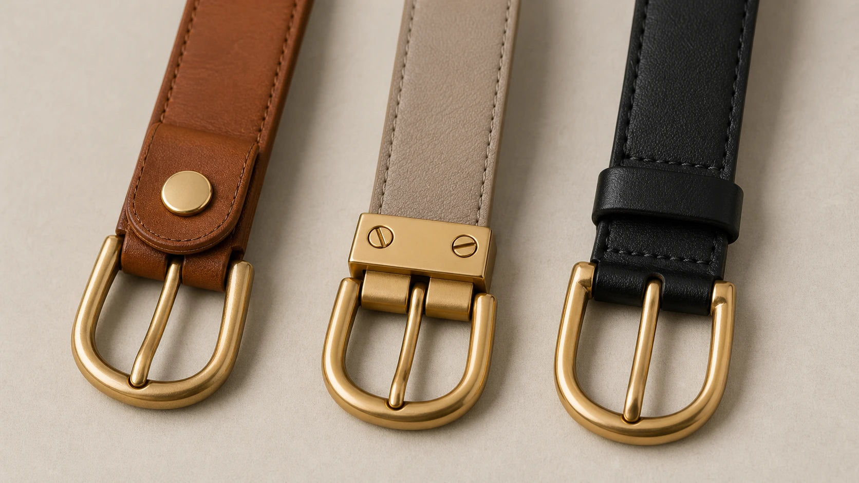 Close-up of three women's belt buckle attachment types including snap, screw, and fixed construction