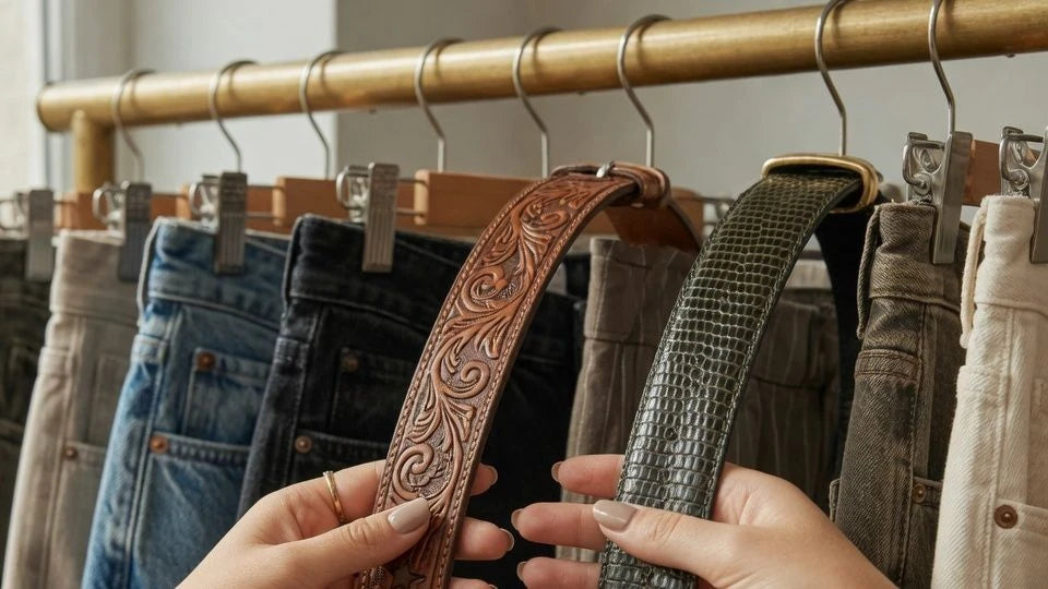 A woman choosing between a western-inspired belt and a reptile-texture belt in front of a wardrobe