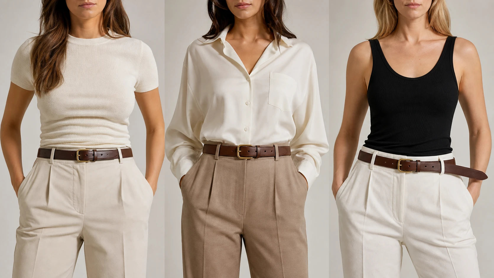 Three women’s belt fit outcomes showing too tight, correct, and too loose placement