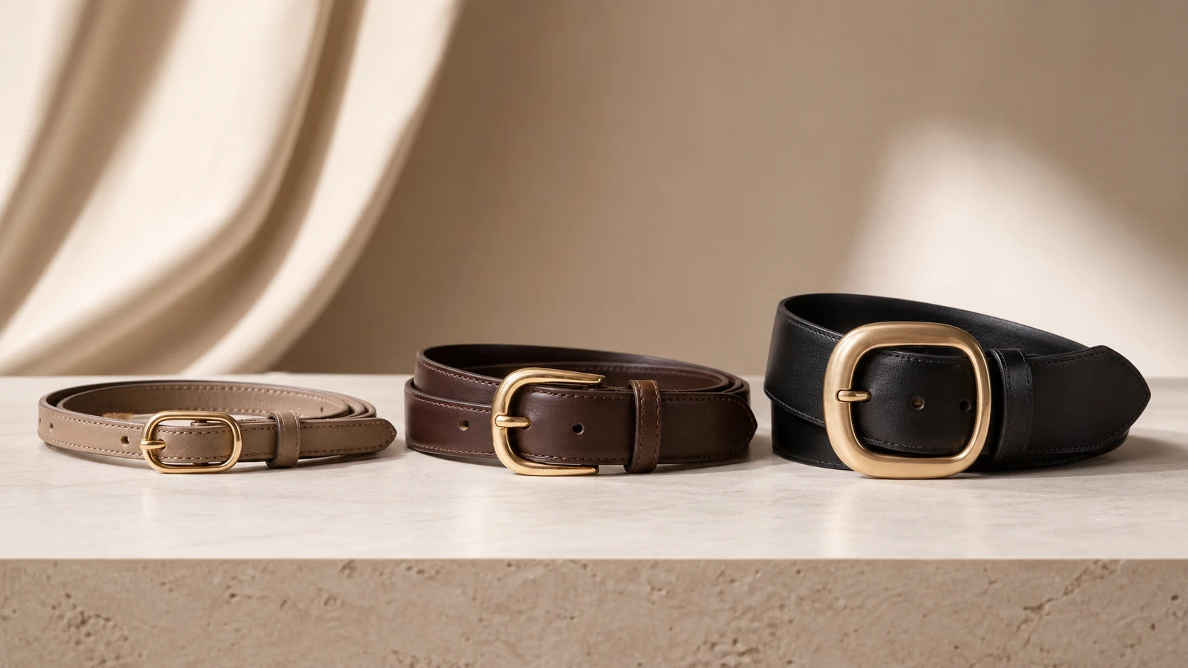 Three women's belts grouped by everyday, dress, and statement use for organizer planning