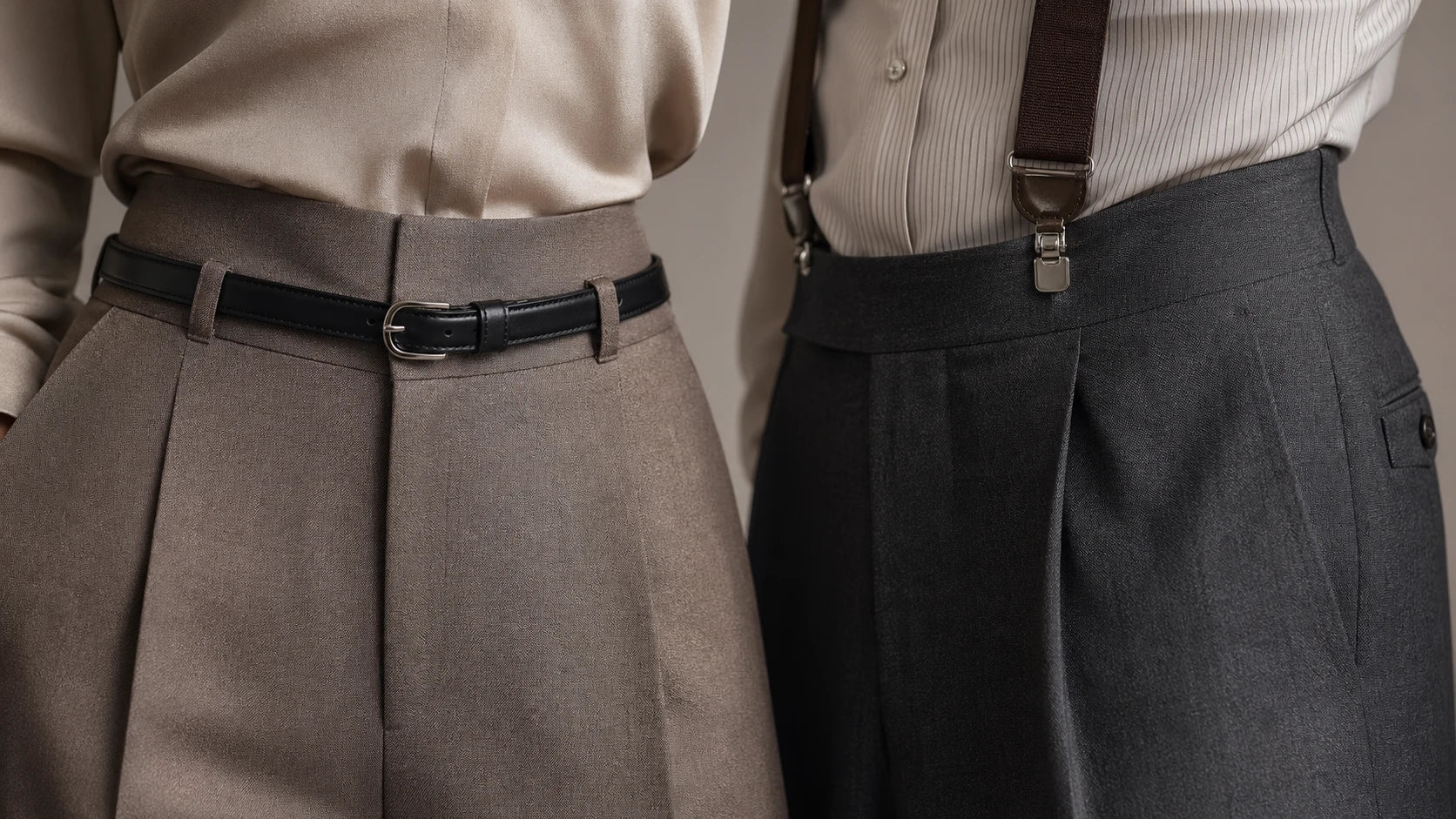 Close-up comparison of a slim belt and suspenders on women's trousers showing waist proportion