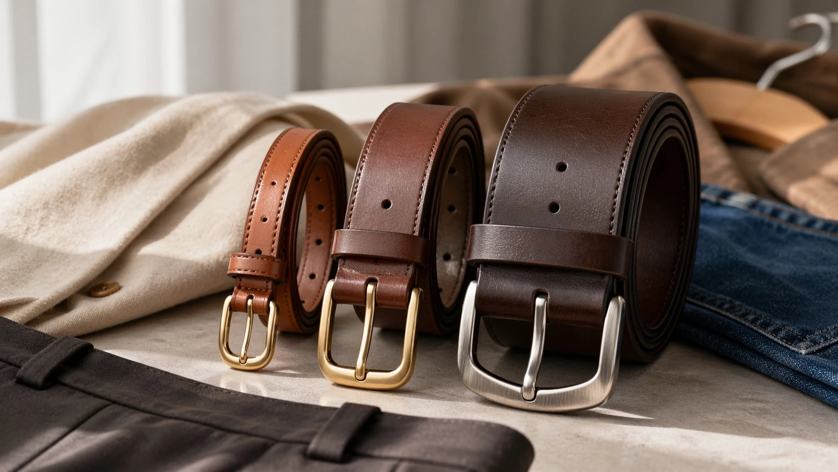 Editorial close-up in 16:9 format of women's leather belts in slim, medium, and wider widths with matching buckle proportions, premium leather grain, polished and brushed metal detail, wardrobe styling, soft daylight, no text.
