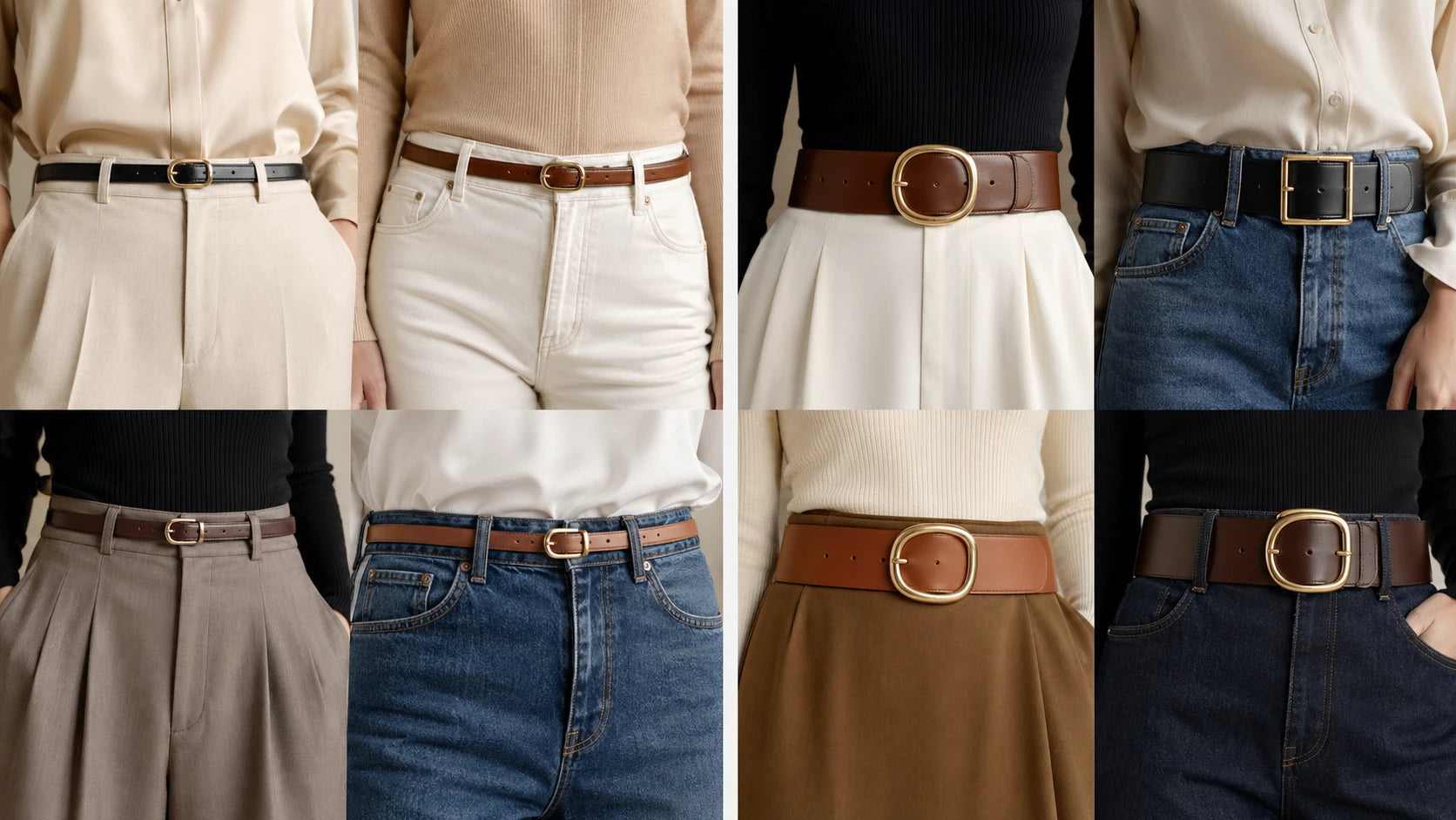 Slim and wide leather belt buckle comparison for trousers, jeans, and skirts