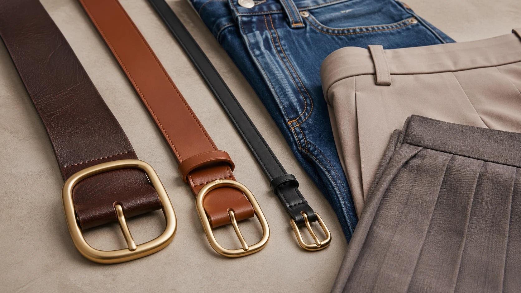 Women's belts compared by width next to jeans, trousers, and a skirt