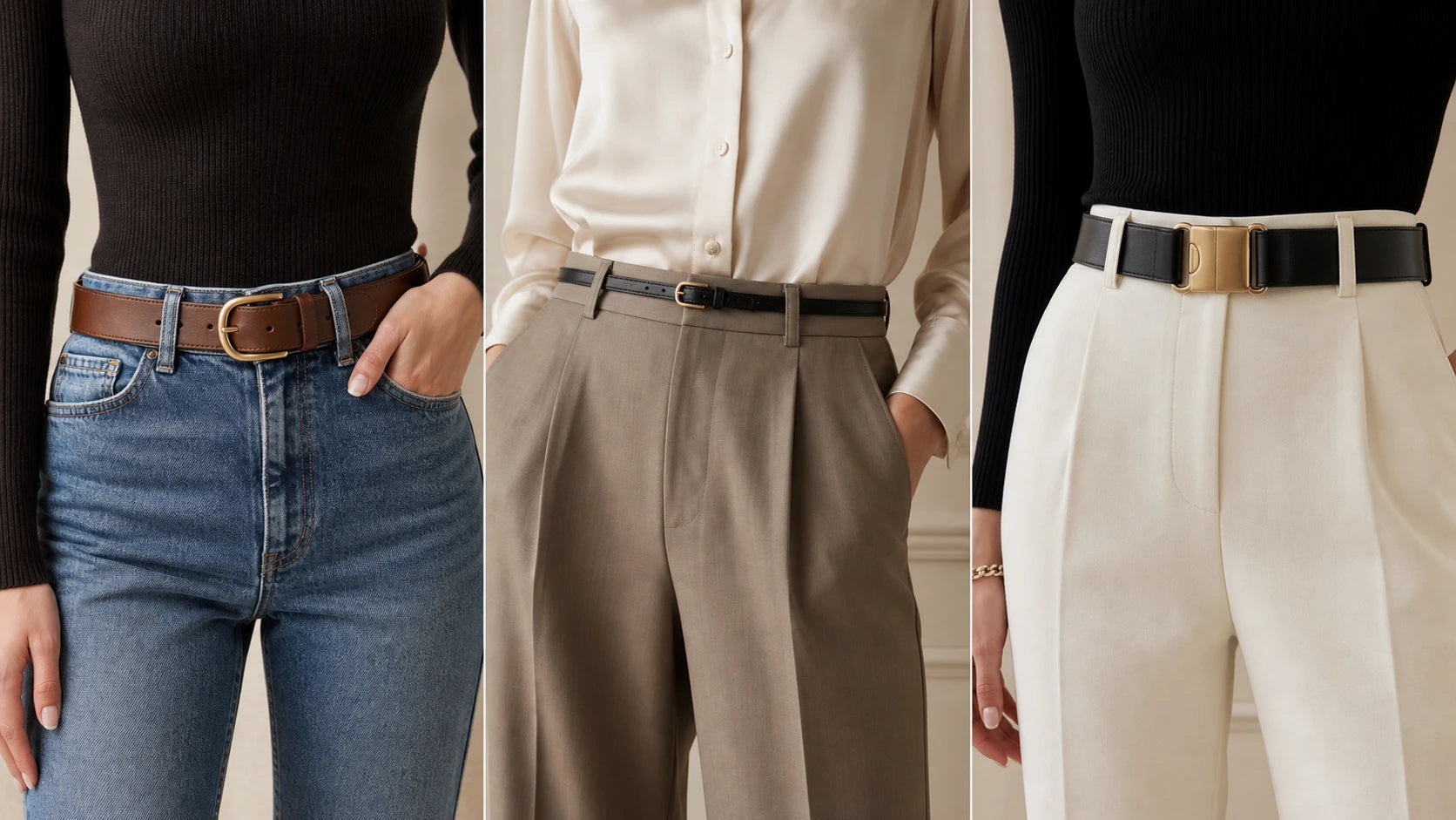 Comparison of women's belt widths and outfit proportion on jeans and trousers