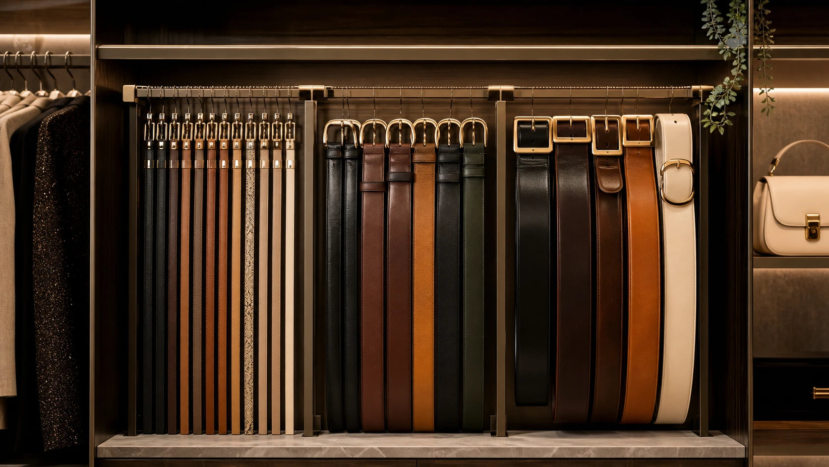 Women's belts organized by width on a hanging storage system for easier outfit decisions