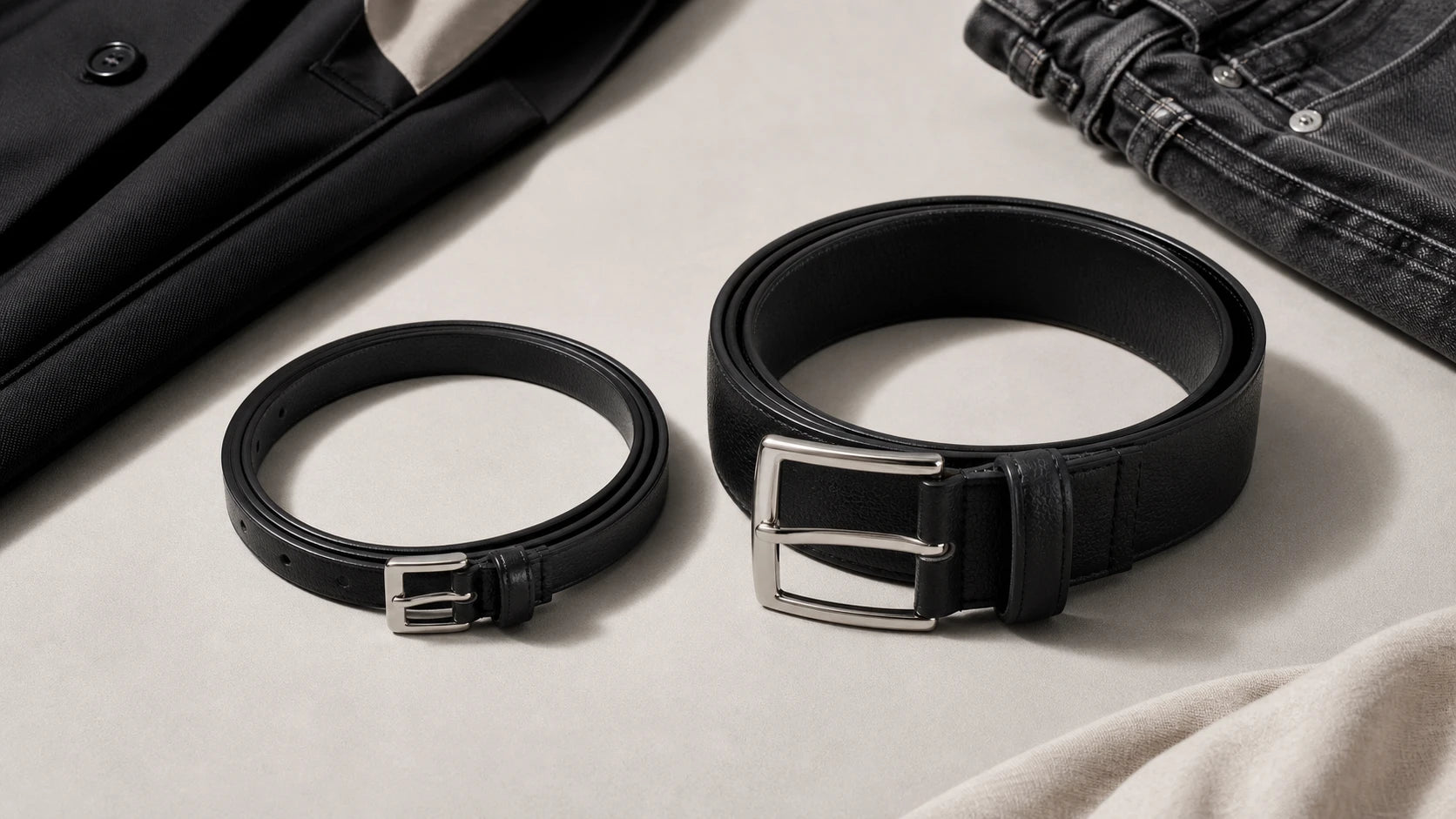 Flat lay showing slim and wide black belts matched to different belt loops