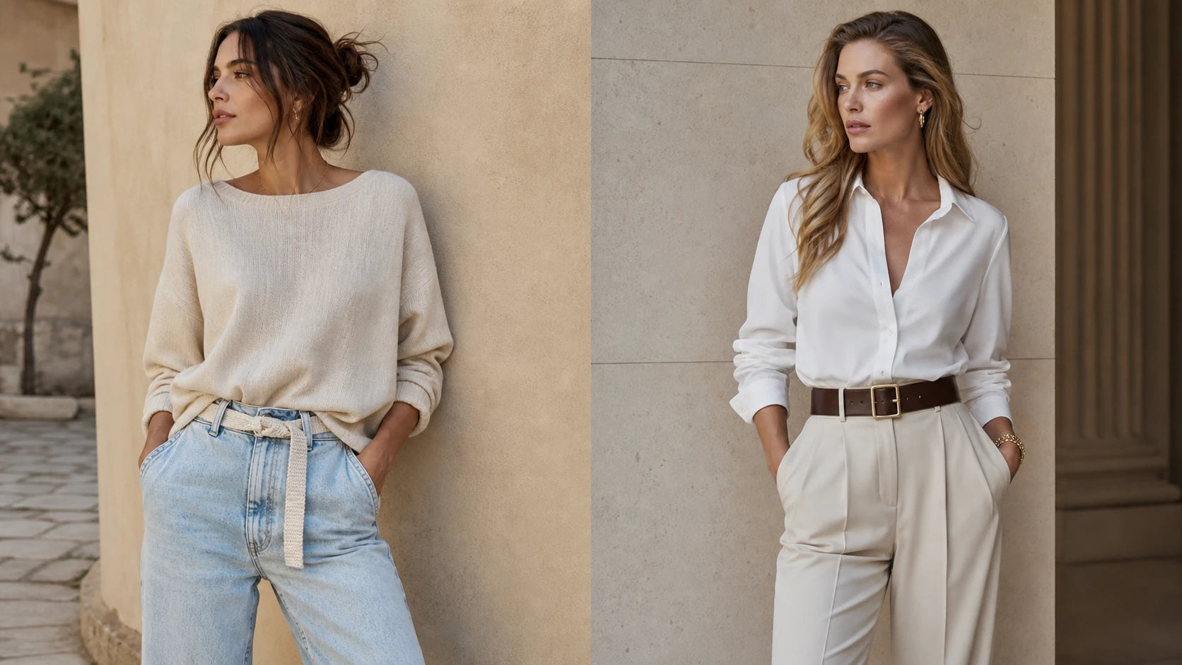 Side-by-side outfits comparing a cloth belt on denim and a structured belt on tailored trousers