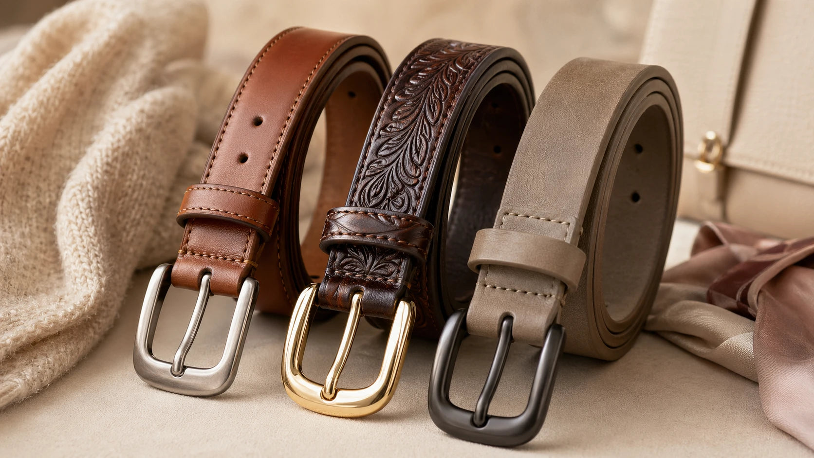 Close-up comparison of smooth, embossed, and softer leather belt buckle combinations