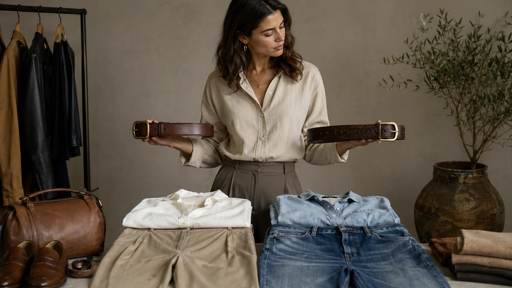 Comparing polished smooth leather and textured leather belt buckles with trousers and denim