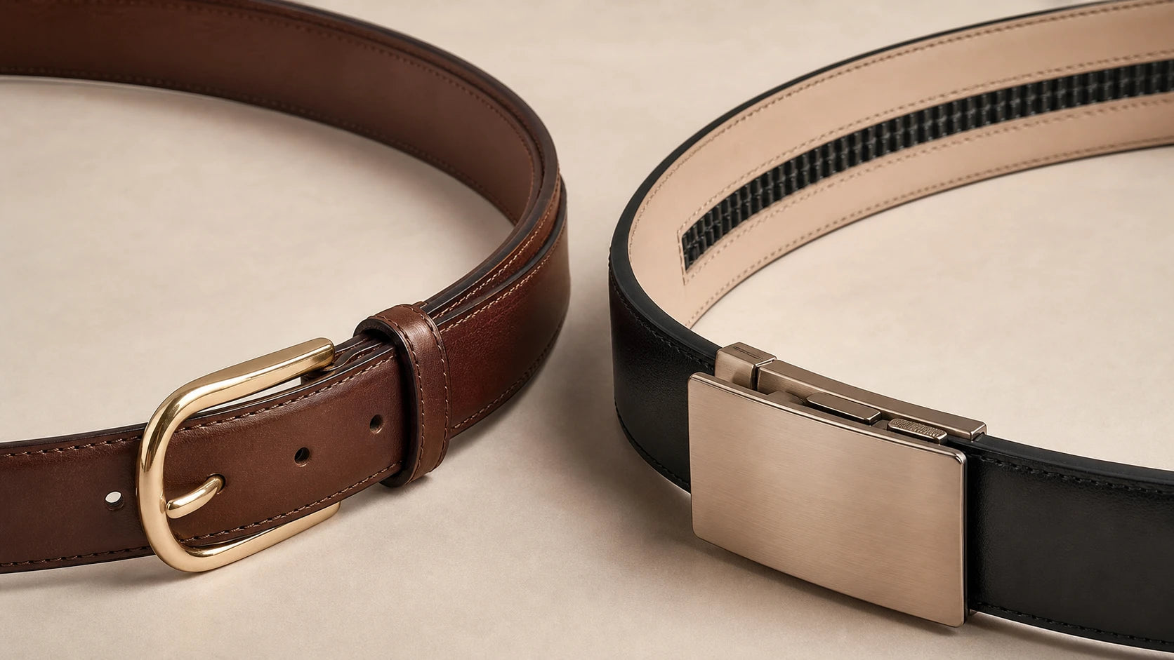 Close-up comparison of a women's classic belt and a ratcheting belt