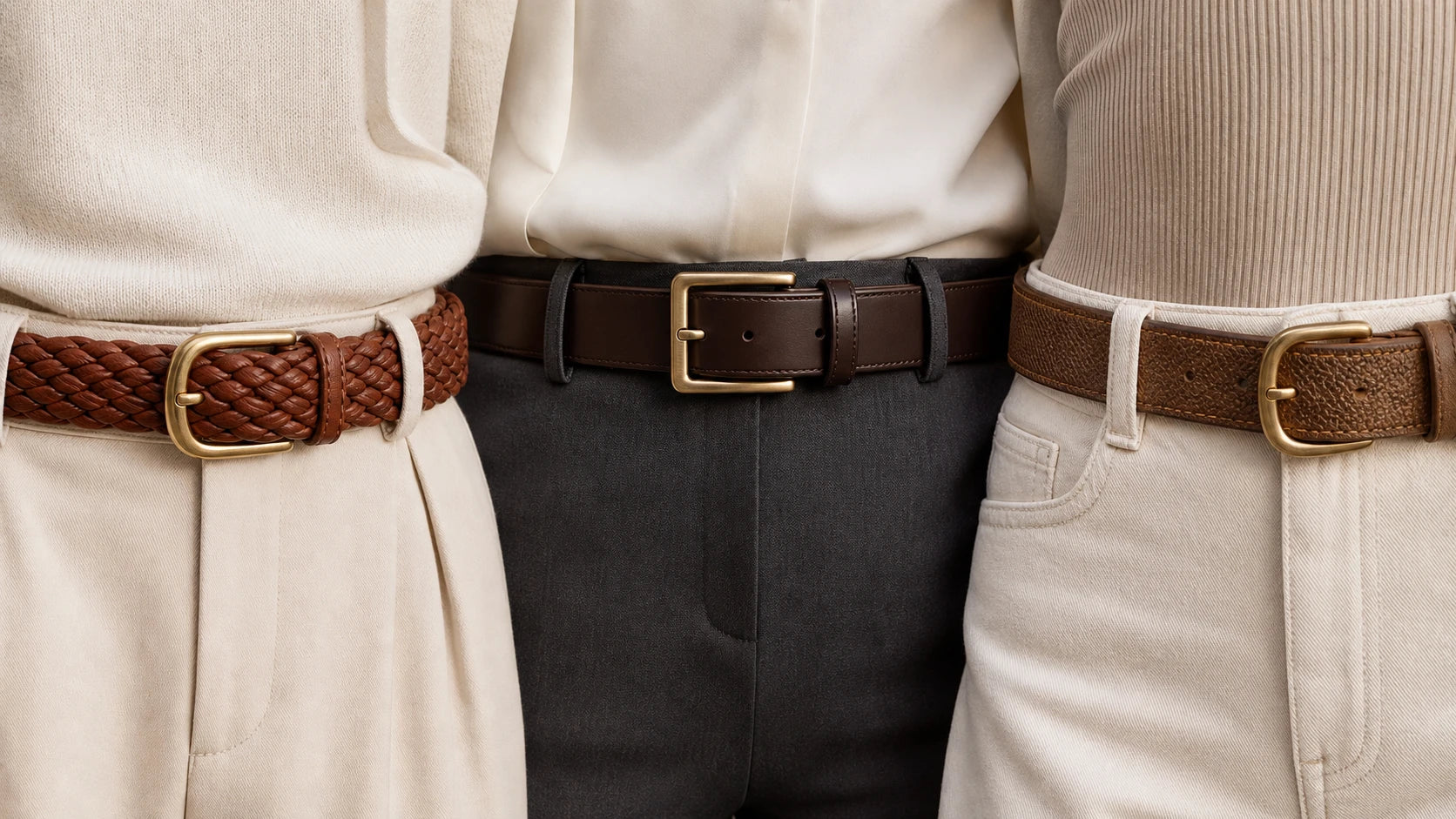 Close-up comparison of woven, smooth, and textured belts to show width and texture differences