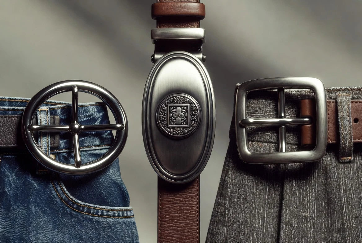 Y2K belt buckle scale comparison with denim and tailored waistbands