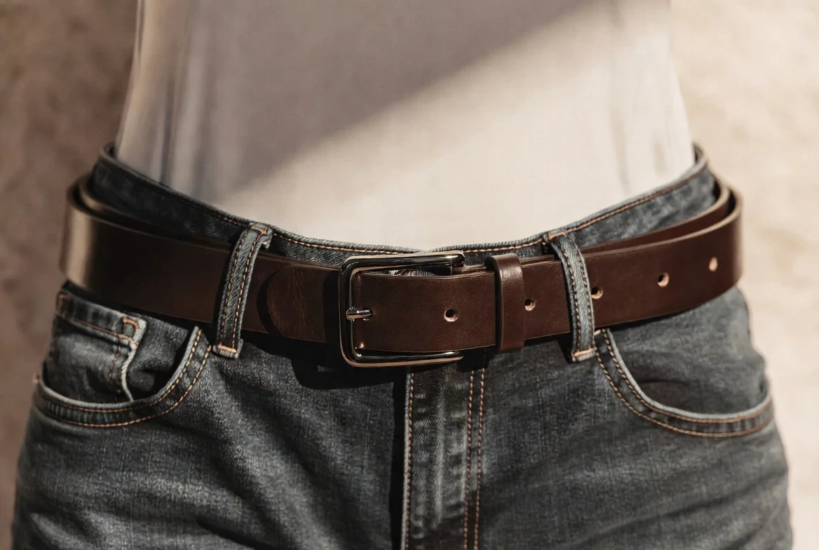 Y2K belt fitted through the middle hole on low-rise denim with balanced buckle proportion