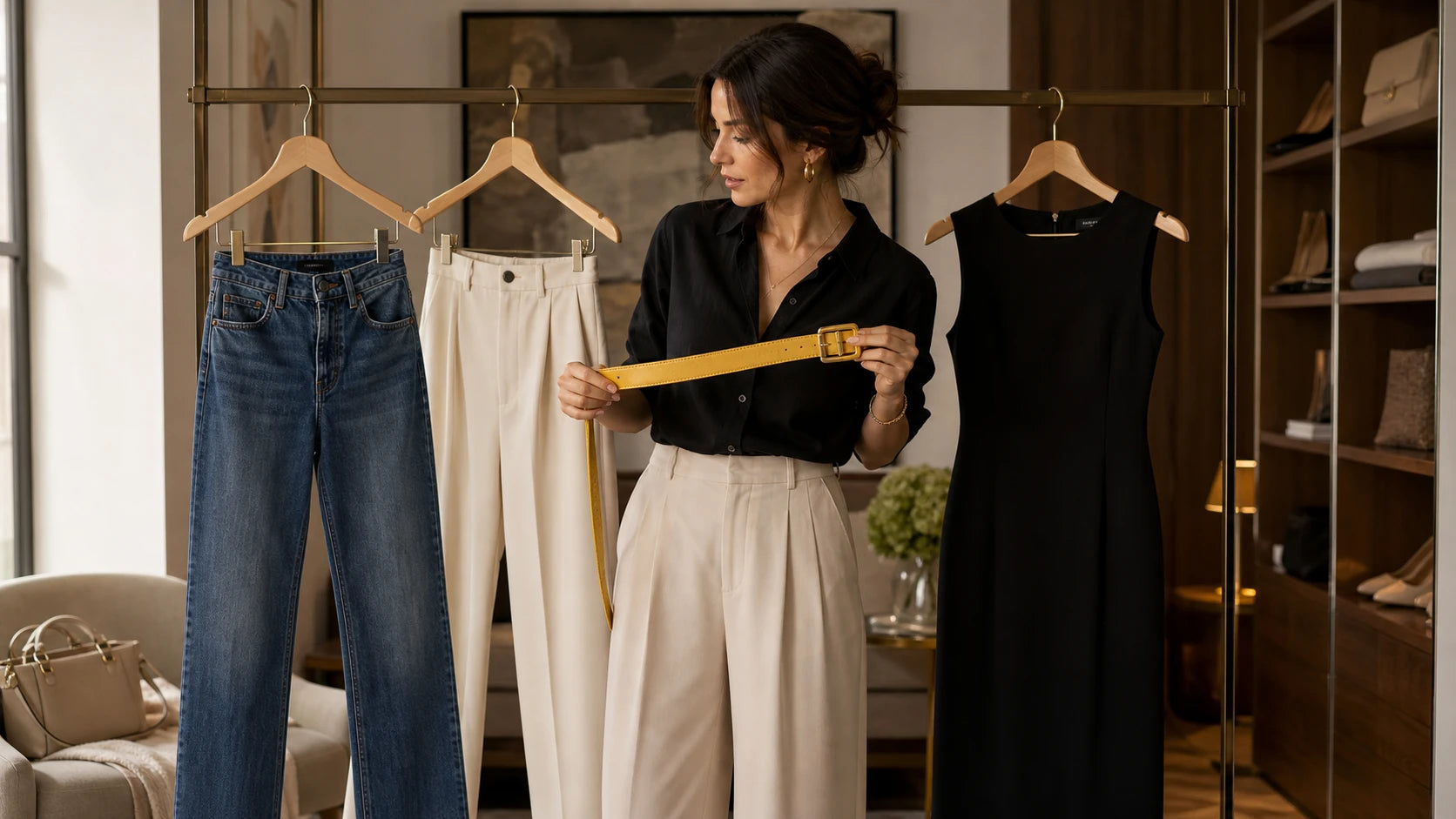 Yellow belt compared across jeans, trousers, and a simple dress to show outfit balance