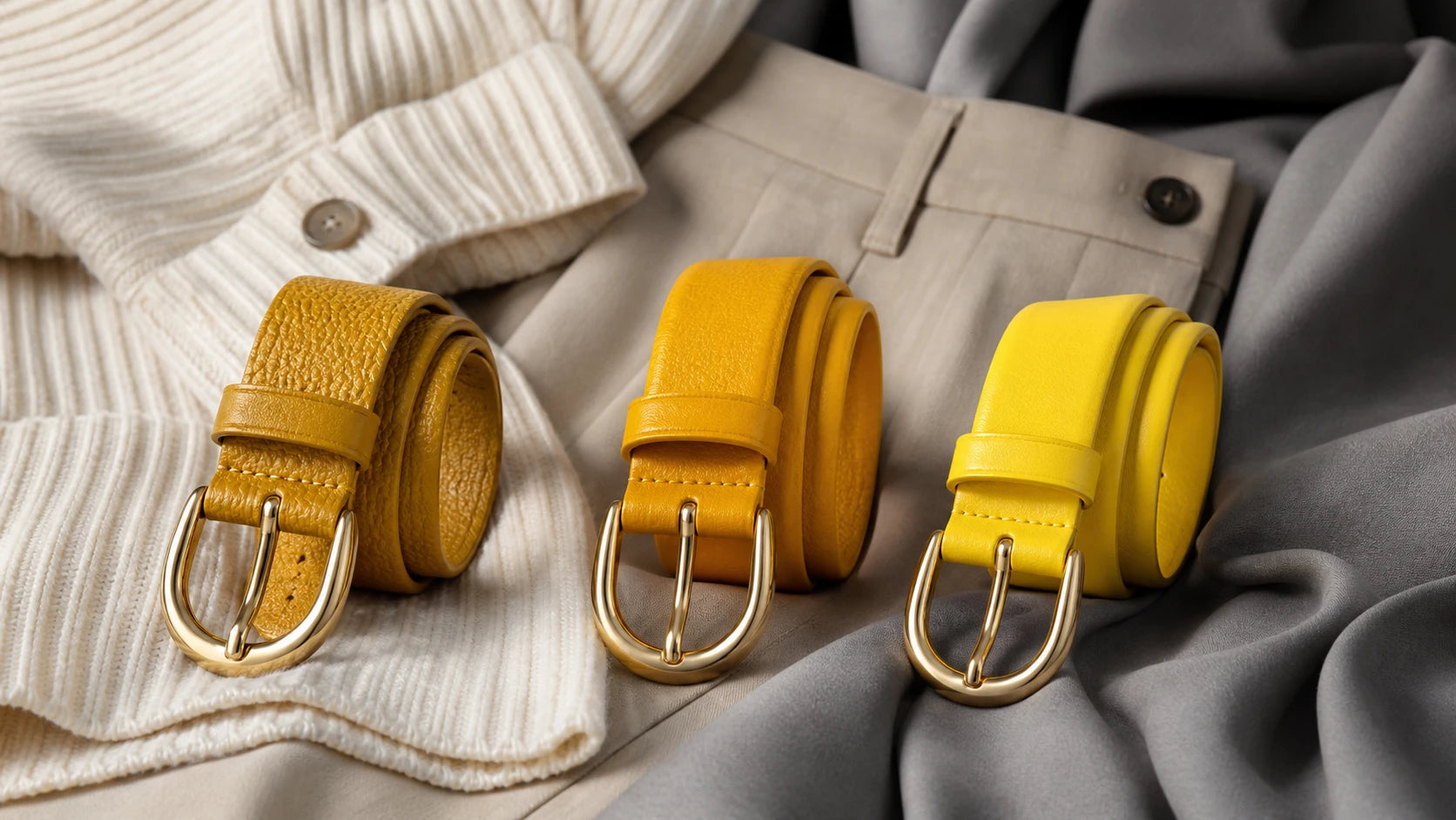 Comparison of muted mustard, golden yellow, and bright lemon yellow belts against neutral outfits