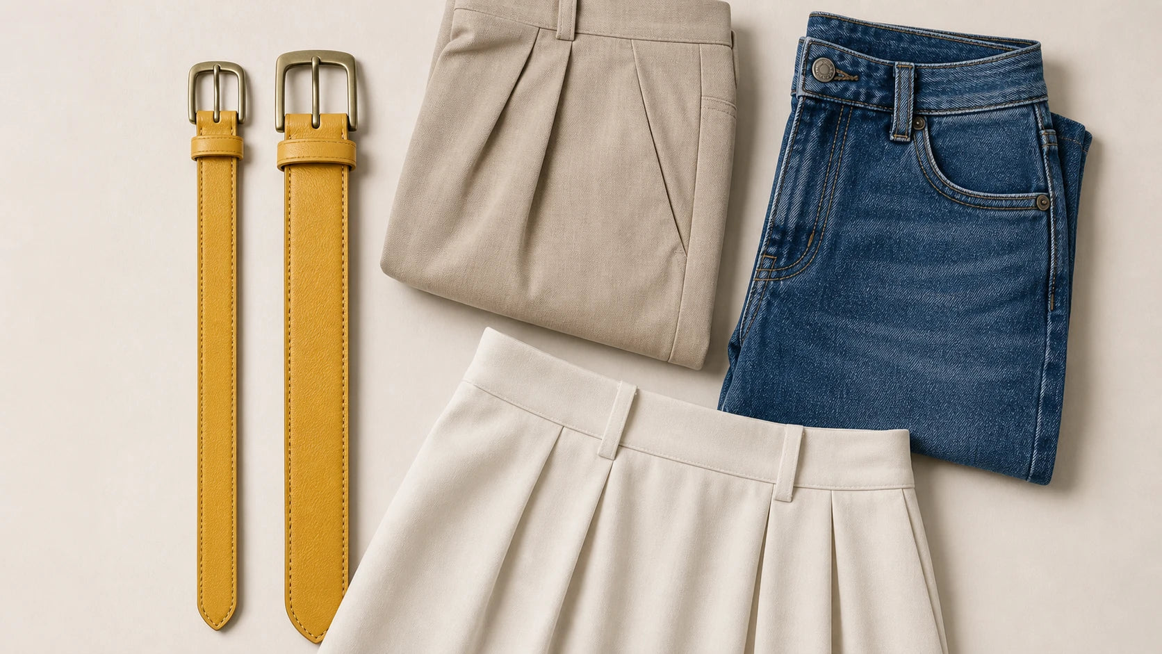 Slim and medium yellow belt widths compared with trousers, jeans, and skirt styling